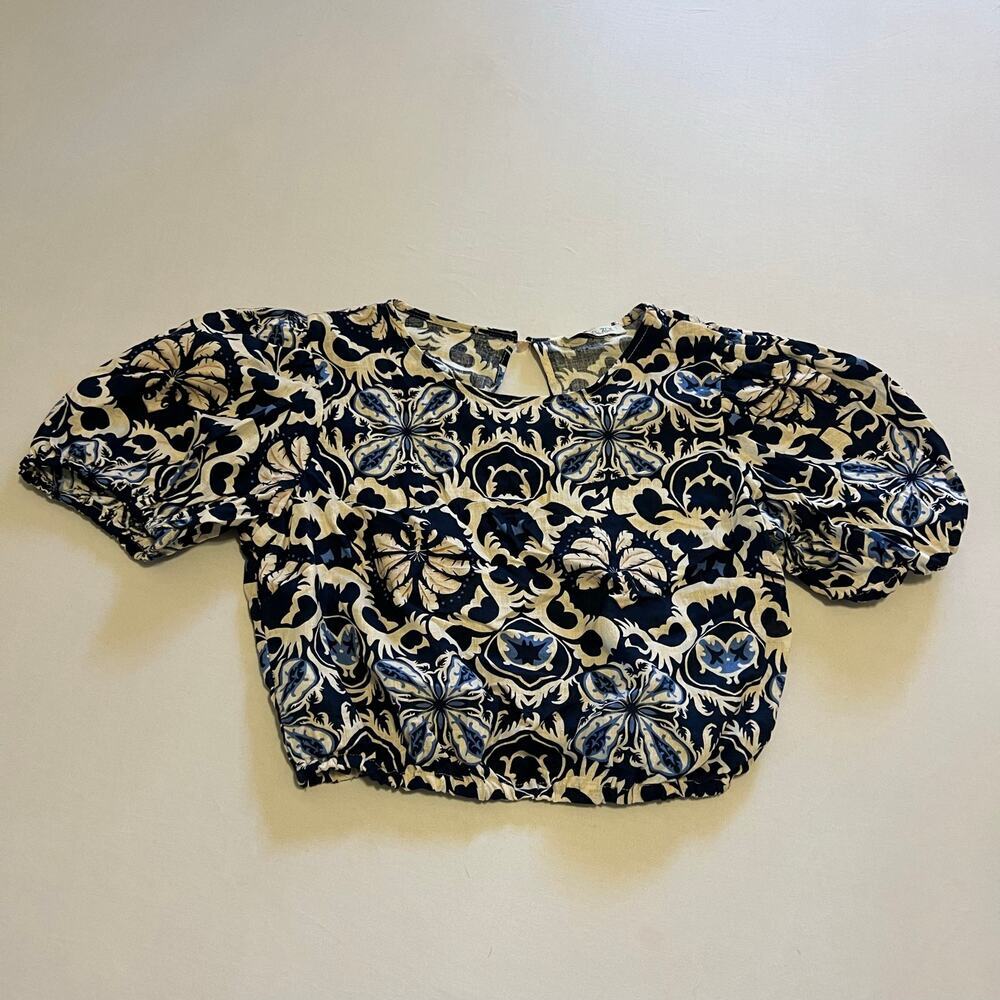 Rachel Zoe Linen blend cropped floral blue ivory top M